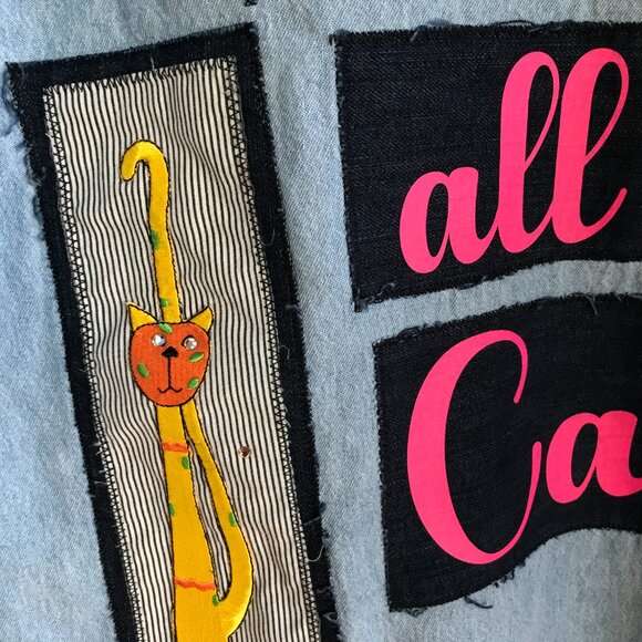 Upcycled Denim Cat Shirt (Size L): Kitty Graphics, Patchwork Festival Jacket - Picture 4 of 9